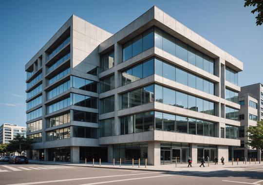 Contemporary commercial building facade with sustainable design features