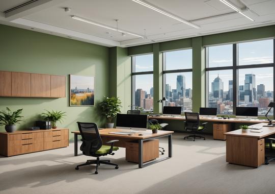 Modern commercial interior with collaborative zones and natural materials